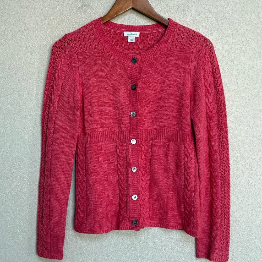 Sundance Villa Cardigan Sweater XS‎ Coral Pink Cable Knit Wool Alpaca Classic